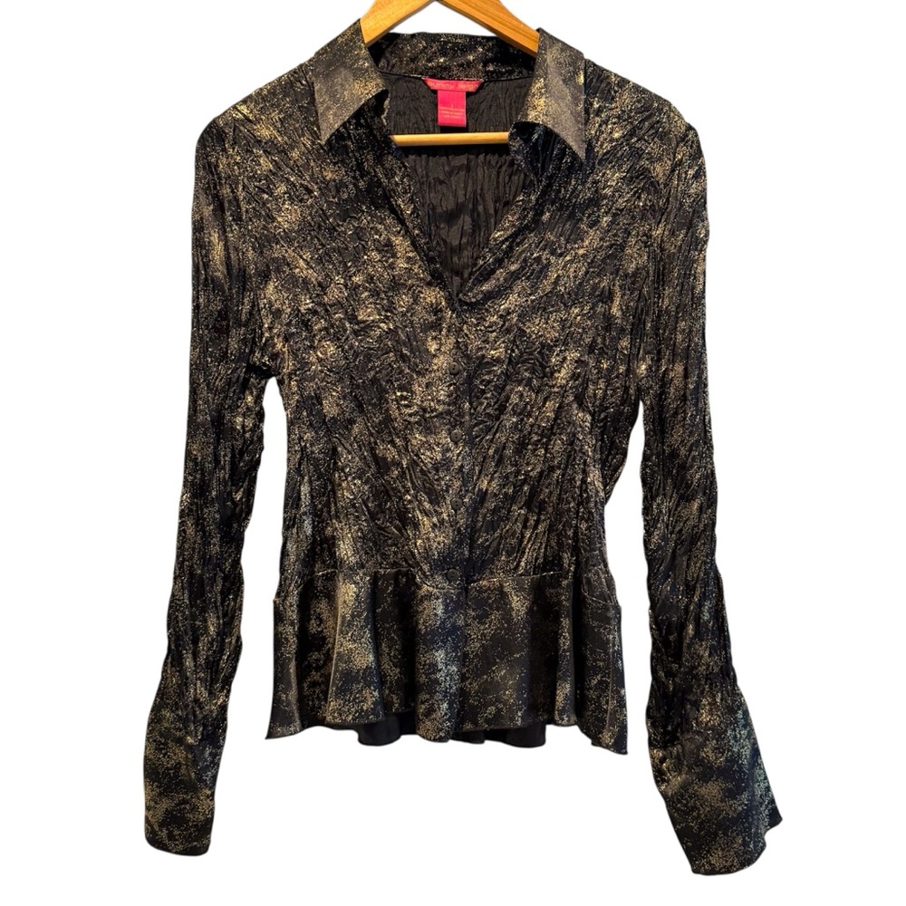 Sunny Leigh Long Sleeve Button Font‎ Blouse Flared Sleeves Black Gold Size Large